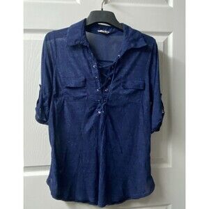 Siren Lily Short Sleeved Top Womens M Blue Tie Front Roll Tab Sleeves Pockets